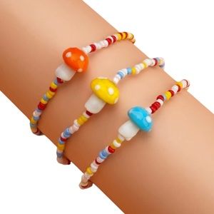Kawaii Beaded Mushroom Stretch Bracelet Trio new